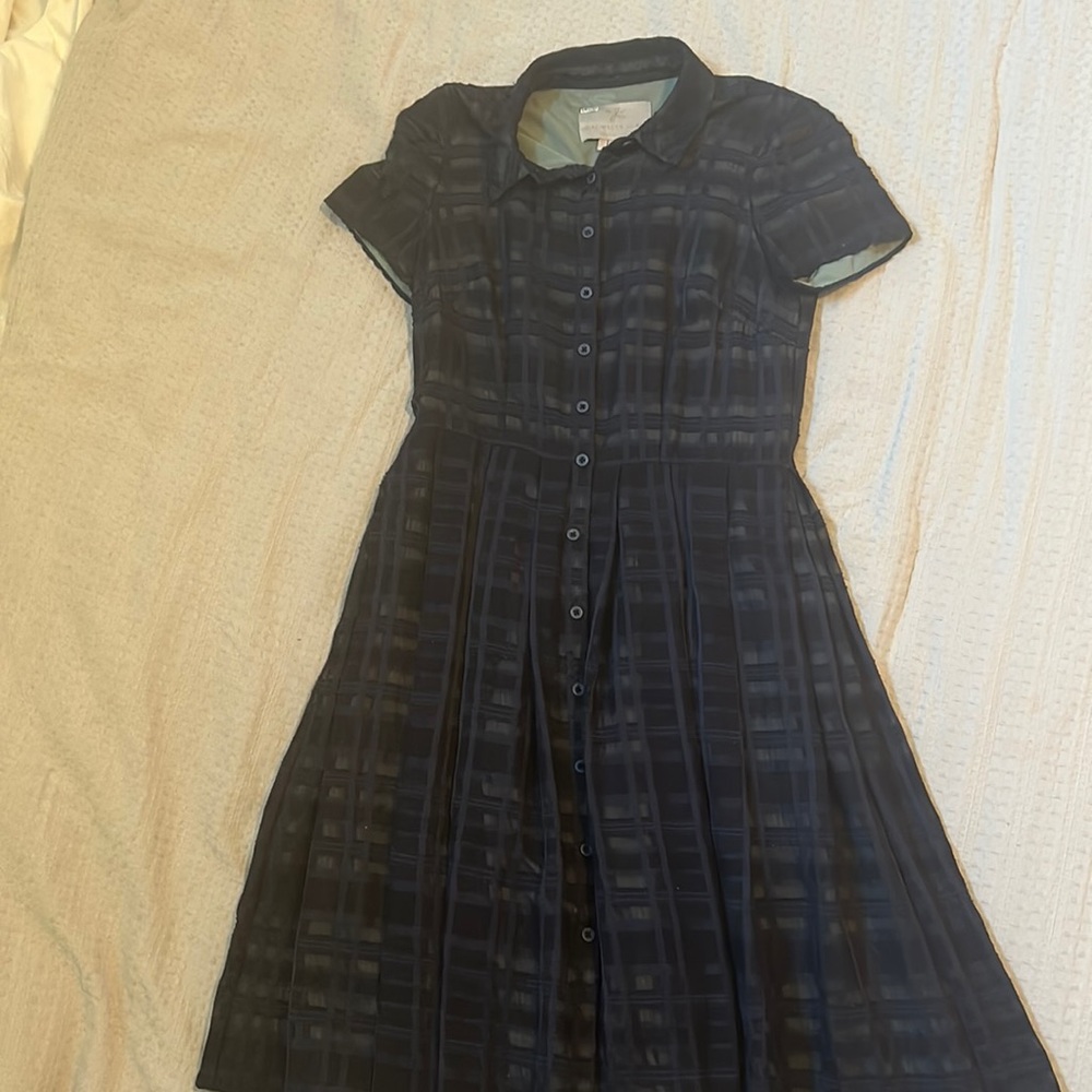 Navy texture plaid button up front dress